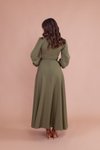 Haki Uzun Kruvaze Yaka Kemerli Tesettür Elbise