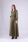 Haki Uzun Kruvaze Yaka Kol Tesettür Elbise