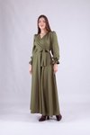 Haki Uzun Kruvaze Yaka Kol Tesettür Elbise