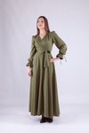 Haki Uzun Kruvaze Yaka Kol Tesettür Elbise