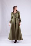 Haki Uzun Kruvaze Yaka Kol Tesettür Elbise
