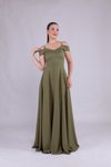 Haki Uzun Omuz Detay Askılı Abiye Elbise