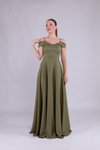 Haki Uzun Omuz Detay Askılı Abiye Elbise