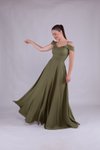 Haki Uzun Omuz Detay Askılı Abiye Elbise