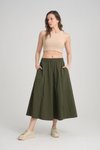 Haki Uzun Paraşüt Kumaş Bol Kesim Etek