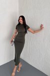 Haki Uzun Sandy Kumaş Kısa Kol Drape Detaylı Elbise