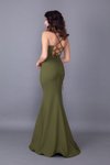 Haki Uzun Sırt Dekolteli Askılı Sırtı İp Bağlamalı Balık Model Abiye Elbise