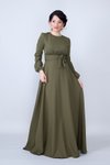 Haki Uzun Yuvarlak Yaka Kol Dokuma Kumaş Beli Büzgülü Kuşaklı Tesettür Abiye Elbise