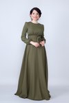 Haki Uzun Yuvarlak Yaka Kol Dokuma Kumaş Beli Büzgülü Kuşaklı Tesettür Abiye Elbise