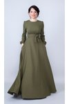 Haki Uzun Yuvarlak Yaka Kol Dokuma Kumaş Beli Büzgülü Kuşaklı Tesettür Abiye Elbise