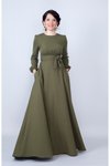 Haki Uzun Yuvarlak Yaka Kol Dokuma Kumaş Beli Büzgülü Kuşaklı Tesettür Abiye Elbise