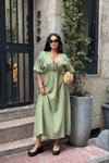 Haki Uzun Zem Muslin Keten Elbise