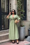 Haki Uzun Zem Muslin Keten Elbise