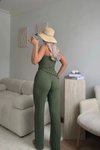 Haki Yırtmaç Detaylı Straplez Asimetrik Crop Ve Pantolon İkili Takım
