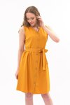 Hardal Midi Bağlama Detaylı V Yaka Düğmeli Elbise