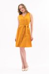 Hardal Midi Bağlama Detaylı V Yaka Düğmeli Elbise