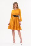 Mustard Midi Pink Ruffled Hem Round Neck Belted Dress