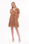 Mustard Mini Ruched Detail Floral Pattern Chiffon Dress
