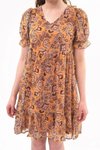 Hardal Mini Büzgü Detaylı Çiçek Desenli Şifon Elbise