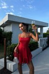 Hollywood Kırmızı Mini Elissa Askılı Saten Abiye Elbise