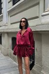 Hollywood Kırmızı Mini Meron Saten Tasarım Gömlek Elbise