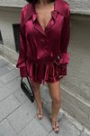 Hollywood Kırmızı Mini Meron Saten Tasarım Gömlek Elbise