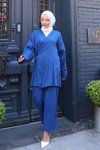 İndigo Bağlama Detaylı Kimono İkili Tesettür Takım