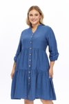 Indigo Midi Plus Size V Neck Buttoned Dress