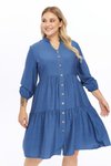 İndigo Midi Büyük Beden V Yaka Düğmeli Elbise