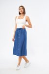 İndigo Midi Düğme Detaylı Keten Etek