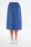 İndigo Midi Düğme Detaylı Keten Etek