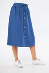 İndigo Midi Düğme Detaylı Keten Etek