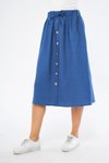 İndigo Midi Düğme Detaylı Keten Etek