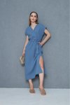 İndigo Uzun %100 Müslin Pamuk Yırtmaçlı Kruvaze Beli Kuşaklı Salaş Elbise