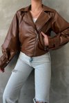 Kahve Balon Kol Oversize Deri Ceket