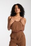 Kahve Boncuk Detaylı Keten Alt Üst İkili Takım