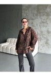 Kahve Leopar Desenli Oversize Gömlek