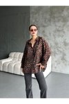 Kahve Leopar Desenli Oversize Gömlek