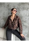 Kahve Leopar Desenli Oversize Gömlek