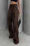 Kahve Leopar Desenli Saten Pantolon