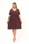 Kahve Midi V Yaka Büzgü Detaylı Yazlık Büyük Beden Elbise