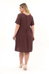 Kahve Midi V Yaka Büzgü Detaylı Yazlık Büyük Beden Elbise