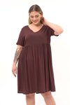 Kahve Midi V Yaka Büzgü Detaylı Yazlık Büyük Beden Elbise