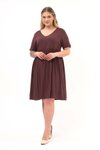 Kahve Midi V Yaka Büzgü Detaylı Yazlık Büyük Beden Elbise