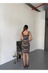 Kahve Mini Kare Yaka Leopar Desen Askılı Elbise