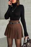 Kahve Mini Pileli Kemer Detaylı Şort Etek
