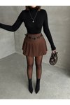 Kahve Mini Pileli Kemer Detaylı Şort Etek