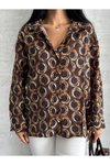 Kahve Oversize Saten Desenli Rahat Gömlek