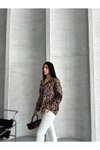 Kahve Oversize Saten Desenli Rahat Gömlek