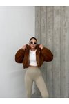 Kahve Peluş Oversize Crop Kapüşonlu Mont